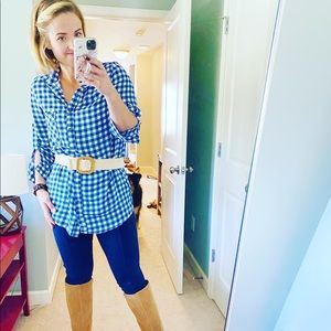 Blue and white checkered button up tunic top